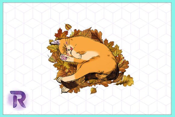 Autumn Fall Cat Lying on Leaves PNG