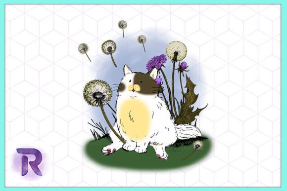 Cute Cat with Wild Flowers Dandelion